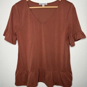 Soft Cottage Spring Women's Rust Ruffle-Hem V-Neck Top